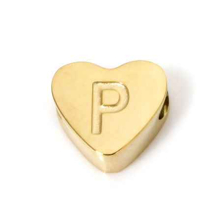 Picture of 2 PCs Eco-friendly PVD Vacuum Plating 304 Stainless Steel Beads For DIY Jewelry Making 18K Gold Plated Heart Capital Alphabet Initial Letter Message " P " 8mm x 7mm, Hole: Approx 2mm