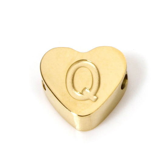 Image de 2 Pcs Perles pour DIY Fabrication de Bijoux en 304 Acier Inoxydable Revêtement sous Vide PVD Respectueux de l'Environnement Plaqué Or 18K Cœur Alphabet Initial/ Lettre Majuscule Message " Q " 8mm x 7mm, Trou: env. 2mm