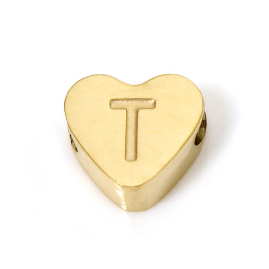 Image de 2 Pcs Perles pour DIY Fabrication de Bijoux en 304 Acier Inoxydable Revêtement sous Vide PVD Respectueux de l'Environnement Plaqué Or 18K Cœur Alphabet Initial/ Lettre Majuscule Message " T " 8mm x 7mm, Trou: env. 2mm