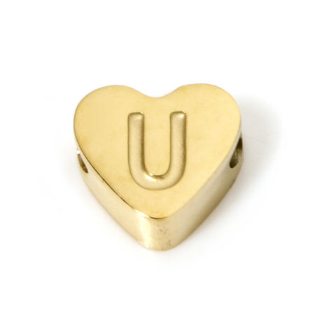 Picture of 2 PCs Eco-friendly PVD Vacuum Plating 304 Stainless Steel Beads For DIY Jewelry Making 18K Gold Plated Heart Capital Alphabet Initial Letter Message " U " 8mm x 7mm, Hole: Approx 2mm