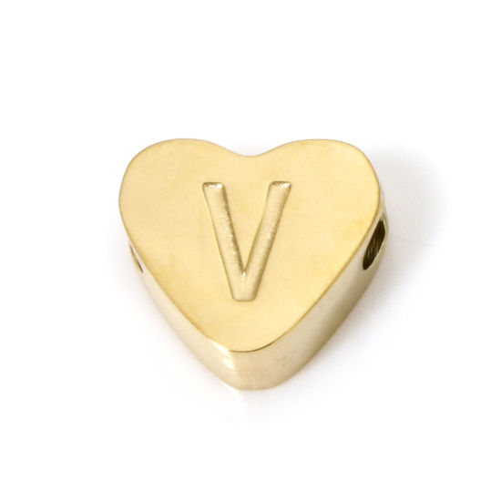 Image de 2 Pcs Perles pour DIY Fabrication de Bijoux en 304 Acier Inoxydable Revêtement sous Vide PVD Respectueux de l'Environnement Plaqué Or 18K Cœur Alphabet Initial/ Lettre Majuscule Message " V " 8mm x 7mm, Trou: env. 2mm