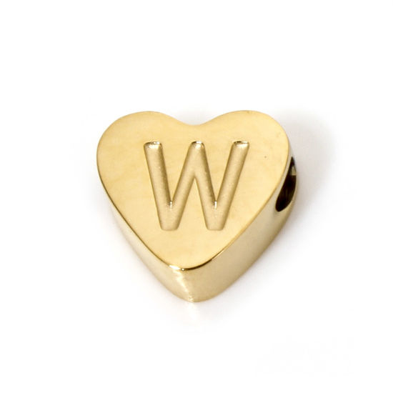 Image de 2 Pcs Perles pour DIY Fabrication de Bijoux en 304 Acier Inoxydable Revêtement sous Vide PVD Respectueux de l'Environnement Plaqué Or 18K Cœur Alphabet Initial/ Lettre Majuscule Message " W " 8mm x 7mm, Trou: env. 2mm