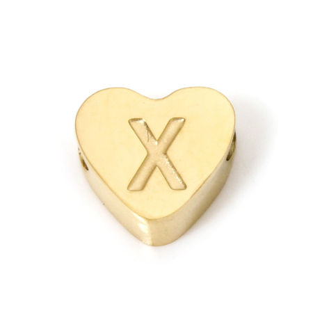 Picture of 2 PCs Eco-friendly PVD Vacuum Plating 304 Stainless Steel Beads For DIY Jewelry Making 18K Gold Plated Heart Capital Alphabet Initial Letter Message " X " 8mm x 7mm, Hole: Approx 2mm