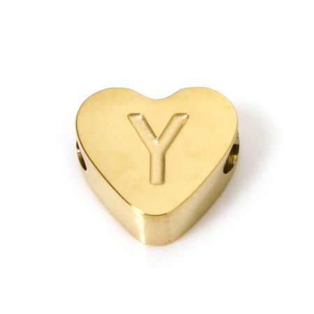 Picture of 2 PCs Eco-friendly PVD Vacuum Plating 304 Stainless Steel Beads For DIY Jewelry Making 18K Gold Plated Heart Capital Alphabet Initial Letter Message " Y " 8mm x 7mm, Hole: Approx 2mm