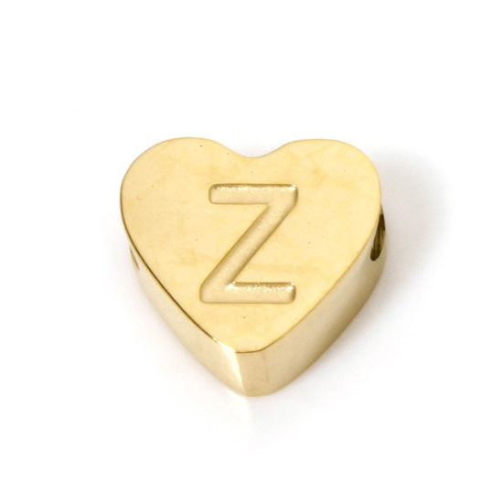 Image de 2 Pcs Perles pour DIY Fabrication de Bijoux en 304 Acier Inoxydable Revêtement sous Vide PVD Respectueux de l'Environnement Plaqué Or 18K Cœur Alphabet Initial/ Lettre Majuscule Message " Z " 8mm x 7mm, Trou: env. 2mm