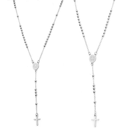 Picture of 1 Piece 304 Stainless Steel Prayer Beads Rosary Necklace Silver Tone Cross St. Benedict Medal 52cm(20.5") long
