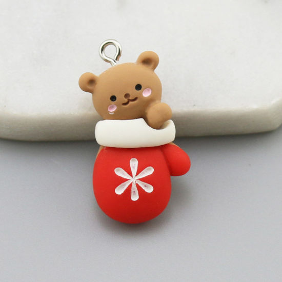 Picture of 10 PCs Resin Christmas Charms Glove Bear Silver Tone Red & Brown 27mm x 16mm