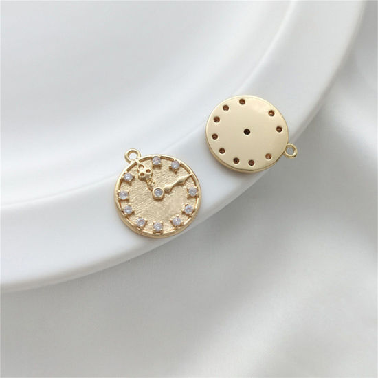 Picture of 1 Piece Eco-friendly Brass Charms 14K Real Gold Plated Round Clock Clear Cubic Zirconia 15mm x 15mm
