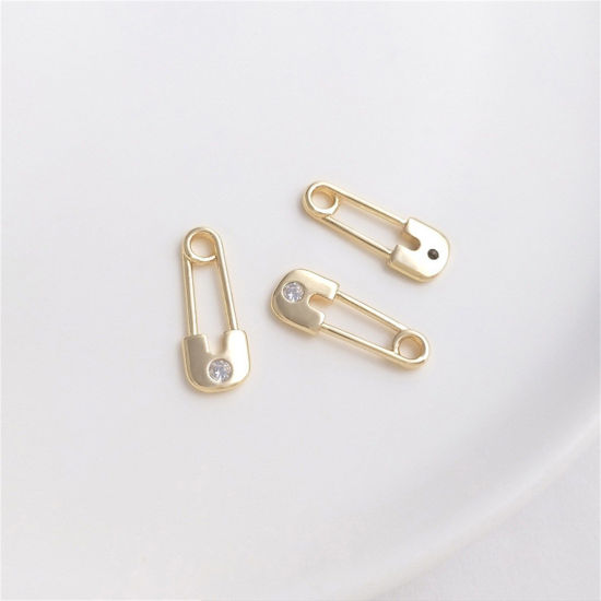 Image de 1 Pièce Breloques Vêtements en Laiton Respectueux de la Nature Broche Plaqué Or Véritable 14K à Zircone Cubique Clair 18.5mm x 7mm