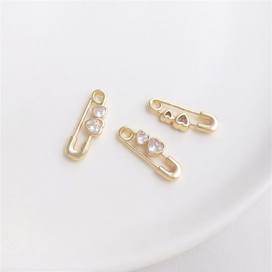 Image de 1 Pièce Breloques Vêtements en Laiton Respectueux de la Nature Broche Plaqué Or Véritable 14K Cœur à Zircone Cubique Clair 20mm x 7mm