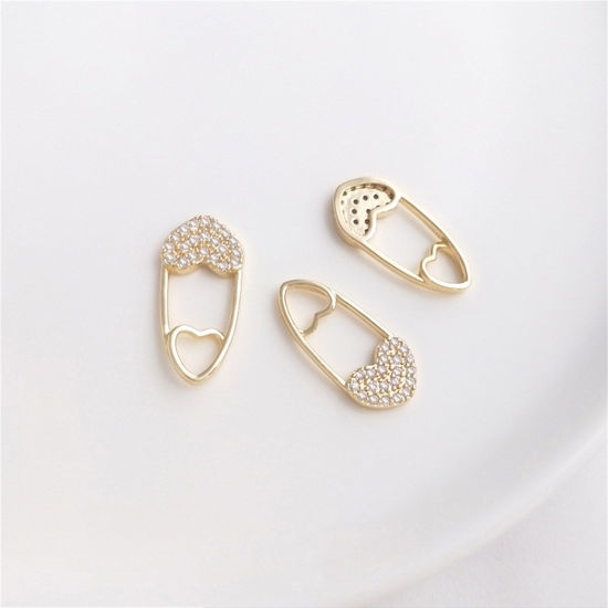 Image de 1 Pièce Breloques Vêtements en Laiton Respectueux de la Nature Broche Plaqué Or Véritable 14K Cœur Micro Pave à Zircone Cubique Clair 21mm x 10mm