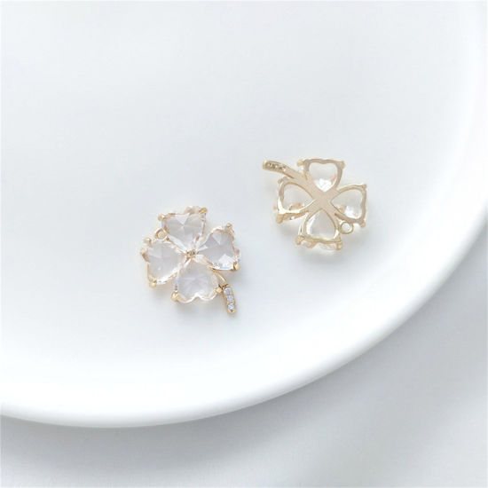 Image de 1 Pièce Breloques en Laiton & Verre Respectueux de la Nature Trèfle à Quatre Feuilles Plaqué Or Véritable 14K Transparent 20mm x 16.5mm