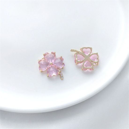 Image de 1 Pièce Breloques en Laiton & Verre Respectueux de la Nature Trèfle à Quatre Feuilles Plaqué Or Véritable 14K Rose 20mm x 16.5mm