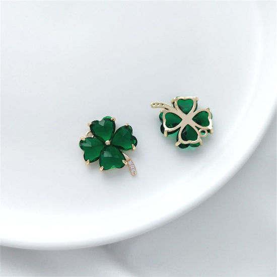 Image de 1 Pièce Breloques en Laiton & Verre Respectueux de la Nature Trèfle à Quatre Feuilles Plaqué Or Véritable 14K Vert 20mm x 16.5mm