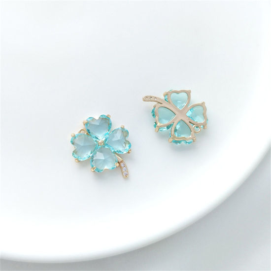 Image de 1 Pièce Breloques en Laiton & Verre Respectueux de la Nature Trèfle à Quatre Feuilles Plaqué Or Véritable 14K Bleu 20mm x 16.5mm