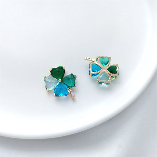 Image de 1 Pièce Breloques en Laiton & Verre Respectueux de la Nature Trèfle à Quatre Feuilles Plaqué Or Véritable 14K Bleu-Vert Couleur du Dégradé 20mm x 16.5mm