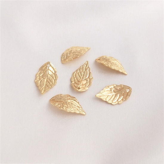 Image de 2 Pcs Breloques en Laiton Respectueux de la Nature Feuille Plaqué Or Véritable 14K Texture 17.5mm x 10.5mm