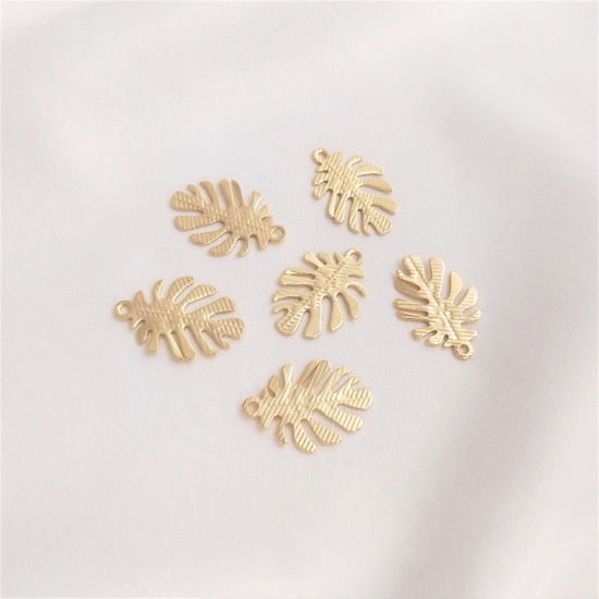 Picture of 2 PCs Eco-friendly Brass Charms 14K Real Gold Plated Leaf Monstera Leaf 19mm x 14mm