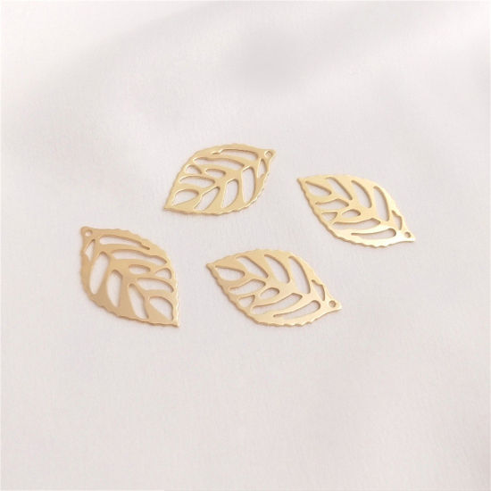 Picture of 2 PCs Eco-friendly Brass Charms 14K Real Gold Plated Leaf Hollow 24mm x 14mm