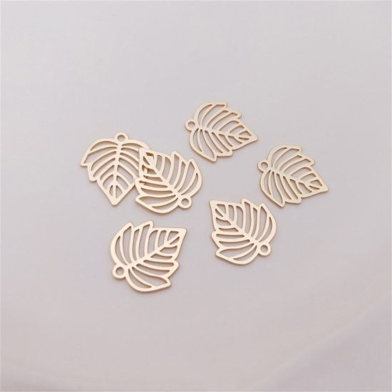 Picture of 2 PCs Eco-friendly Brass Charms 14K Real Gold Plated Leaf Maple Leaf Hollow 16mm x 14mm