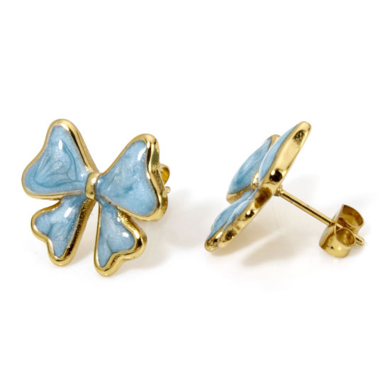 Picture of 1 Pair Vacuum Plating Simple & Casual Classic 18K Gold Plated Blue 304 Stainless Steel Bowknot Enamel Ear Post Stud Earrings For Women Party 1.8cm x 1.6cm