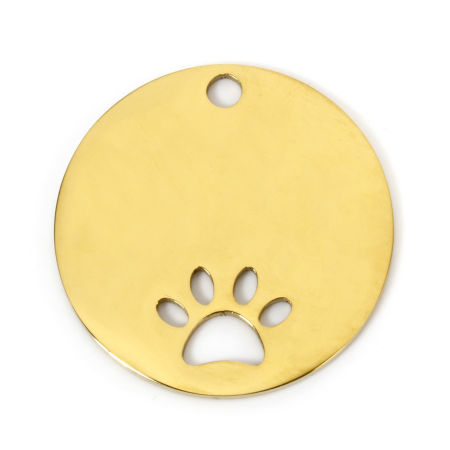 Picture of 2 PCs 304 Stainless Steel Pet ID Dog Collar Name Tag Blank Stamping Tags Charms Round Paw Print Gold Plated Double-sided Polishing 30mm Dia.
