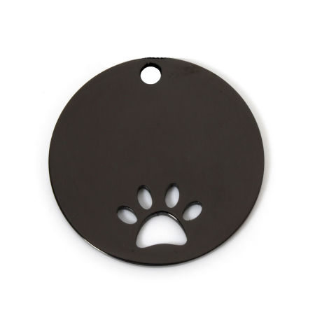 Picture of 2 PCs 304 Stainless Steel Pet ID Dog Collar Name Tag Blank Stamping Tags Charms Round Paw Print Black Double-sided Polishing 30mm Dia.