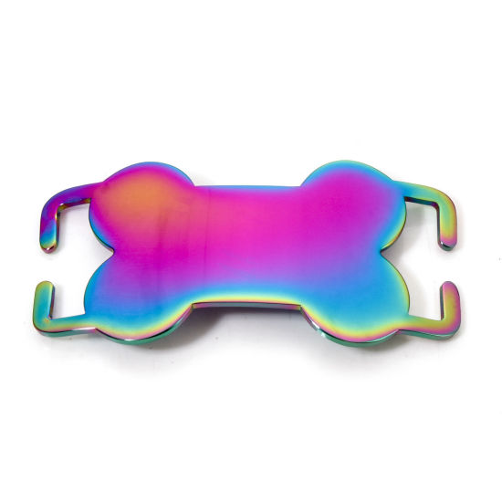 Picture of 2 PCs 304 Stainless Steel Pet ID Dog Collar Name Tag Blank Stamping Tags Connectors Charms Pendants Bone Rainbow Color Plated Double-sided Polishing 5cm x 2.5cm