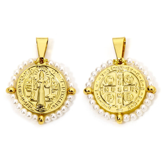 Immagine di 1 Pz 304 Acciaio Inossidabile Religione Ciondoli Pendenti Tondo Oro Placcato Bianco Medaglia di San Benedetto in Rilievo 3.6cm x 2.8cm