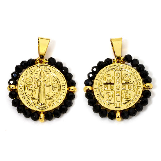 Immagine di 1 Pz 304 Acciaio Inossidabile Religione Ciondoli Pendenti Tondo Oro Placcato Nero Medaglia di San Benedetto in Rilievo 3.6cm x 2.8cm