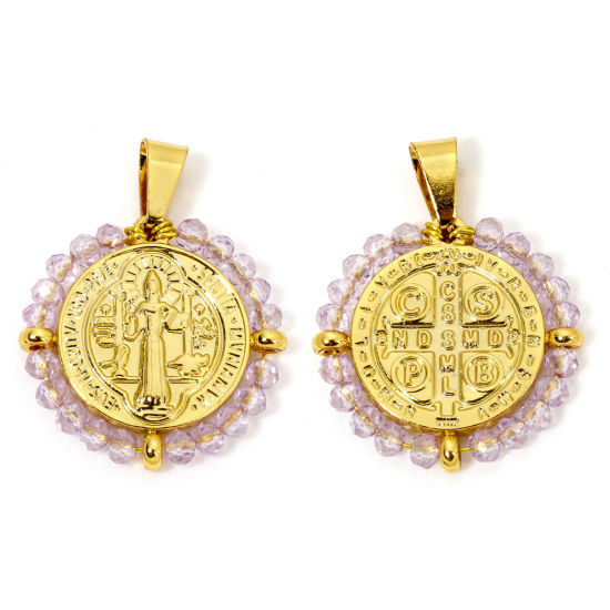 Immagine di 1 Pz 304 Acciaio Inossidabile Religione Ciondoli Pendenti Tondo Oro Placcato Lilla Pallido Medaglia di San Benedetto in Rilievo 3.6cm x 2.8cm