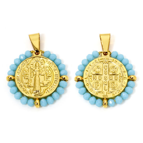 Immagine di 1 Pz 304 Acciaio Inossidabile Religione Ciondoli Pendenti Tondo Oro Placcato Blu Chiaro Medaglia di San Benedetto in Rilievo 3.6cm x 2.8cm