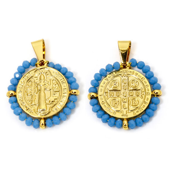 Immagine di 1 Pz 304 Acciaio Inossidabile Religione Ciondoli Pendenti Tondo Oro Placcato Blu Medaglia di San Benedetto in Rilievo 3.6cm x 2.8cm