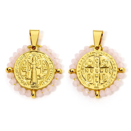 Immagine di 1 Pz 304 Acciaio Inossidabile Religione Ciondoli Pendenti Tondo Oro Placcato Beige come Pesca Medaglia di San Benedetto in Rilievo 3.6cm x 2.8cm