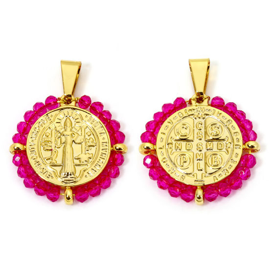 Immagine di 1 Pz 304 Acciaio Inossidabile Religione Ciondoli Pendenti Tondo Oro Placcato Rosso Prugna Medaglia di San Benedetto in Rilievo 3.6cm x 2.8cm