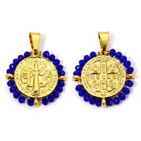 Immagine di 1 Pz 304 Acciaio Inossidabile Religione Ciondoli Pendenti Tondo Oro Placcato Blu Scuro Medaglia di San Benedetto in Rilievo 3.6cm x 2.8cm