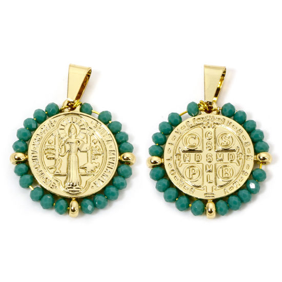 Immagine di 1 Pz 304 Acciaio Inossidabile Religione Ciondoli Pendenti Tondo Oro Placcato Verde Medaglia di San Benedetto in Rilievo 3.6cm x 2.8cm