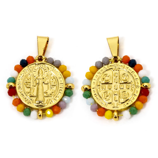 Immagine di 1 Pz 304 Acciaio Inossidabile Religione Ciondoli Pendenti Tondo Oro Placcato Multicolore Medaglia di San Benedetto in Rilievo 3.6cm x 2.8cm