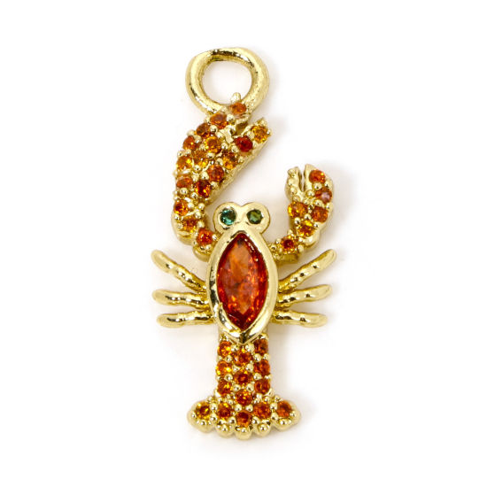 Imagen de 1 Unidad Latón Joyería del océano Colgantes Langosta Chapado en Oro de 18K Micro Pave Naranja Circón Artificial 24mm x 11mm