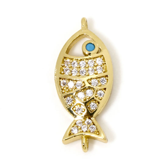 Imagen de 1 Unidad Latón Joyería del océano Colgantes Pez Chapado en Oro de 18K Micro Pave Claro Circón Artificial 22mm x 9mm
