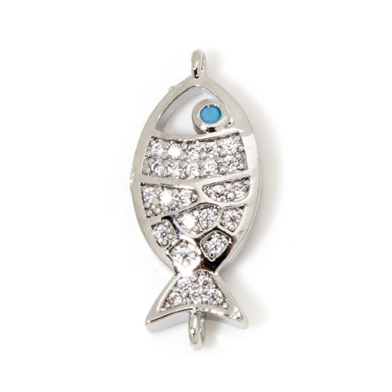 Imagen de 1 Unidad Latón Joyería del océano Colgantes Pez Platino Chapado Micro Pave Claro Circón Artificial 22mm x 9mm