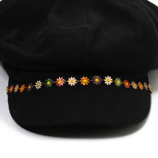 Picture of 1 Piece Vacuum Plating 304 Stainless Steel Hat Cap Decoration Chain 18K Gold Plated Multicolor Daisy Flower Enamel 26cm(10 2/8") long