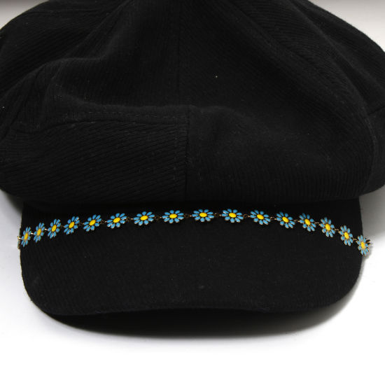 Picture of 1 Piece Vacuum Plating 304 Stainless Steel Hat Cap Decoration Chain 18K Gold Plated Blue Daisy Flower Enamel 26cm(10 2/8") long