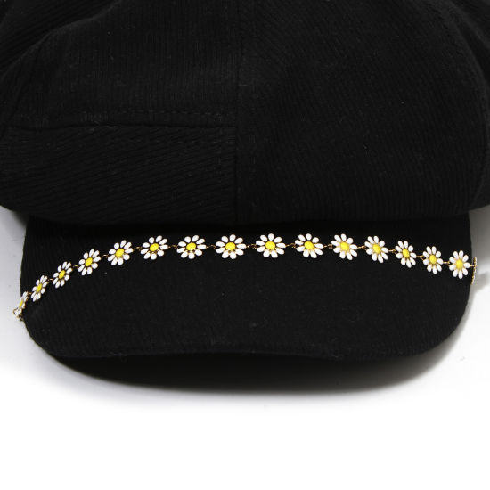 Picture of 1 Piece Vacuum Plating 304 Stainless Steel Hat Cap Decoration Chain 18K Gold Plated White Daisy Flower Enamel 26cm(10 2/8") long