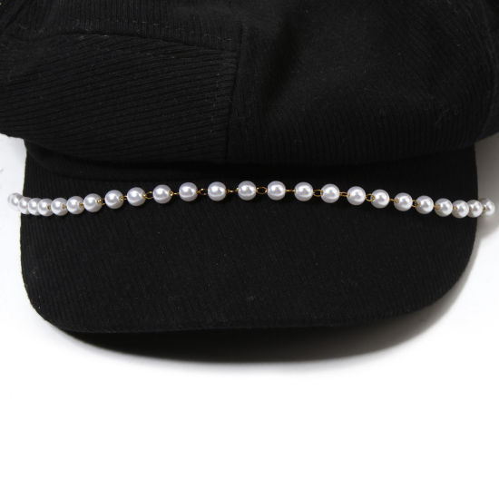 Picture of 1 Piece Vacuum Plating 304 Stainless Steel Hat Cap Decoration Chain 18K Gold Plated White Round Imitation Pearl 25cm(9 7/8") long
