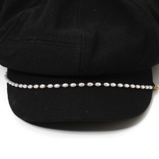 Picture of 1 Piece Vacuum Plating 304 Stainless Steel Hat Cap Decoration Chain 18K Gold Plated White Oval Imitation Pearl 25cm(9 7/8") long