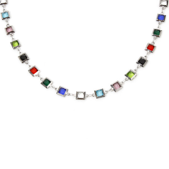 Picture of 1 Piece 304 Stainless Steel Handmade Link Chain Necklace Silver Tone Square With Lobster Claw Clasp And Extender Chain Multicolor Rhinestone 40cm(15.7") long