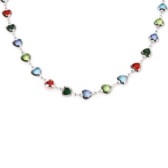 Picture of 1 Piece 304 Stainless Steel Handmade Link Chain Necklace Silver Tone Heart With Lobster Claw Clasp And Extender Chain Multicolor Rhinestone 40cm(15.7") long