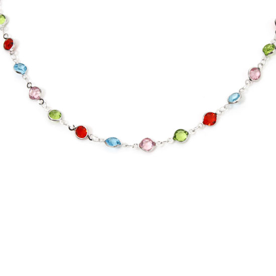 Picture of 1 Piece 304 Stainless Steel Handmade Link Chain Necklace Silver Tone Round With Lobster Claw Clasp And Extender Chain Multicolor Rhinestone 40cm(15.7") long