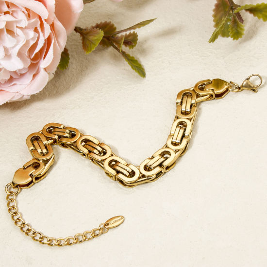 Immagine di 1 Pz Placcatura Sottovuoto 304 Acciaio Inossidabile Catena Braccialetti Placcato Oro 18K 17cm Lunghezza